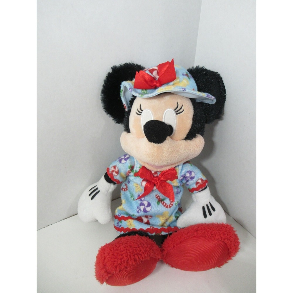 Disney Parks plush Minnie Mouse wearing blue Christmas nightgown dress hat pjs
